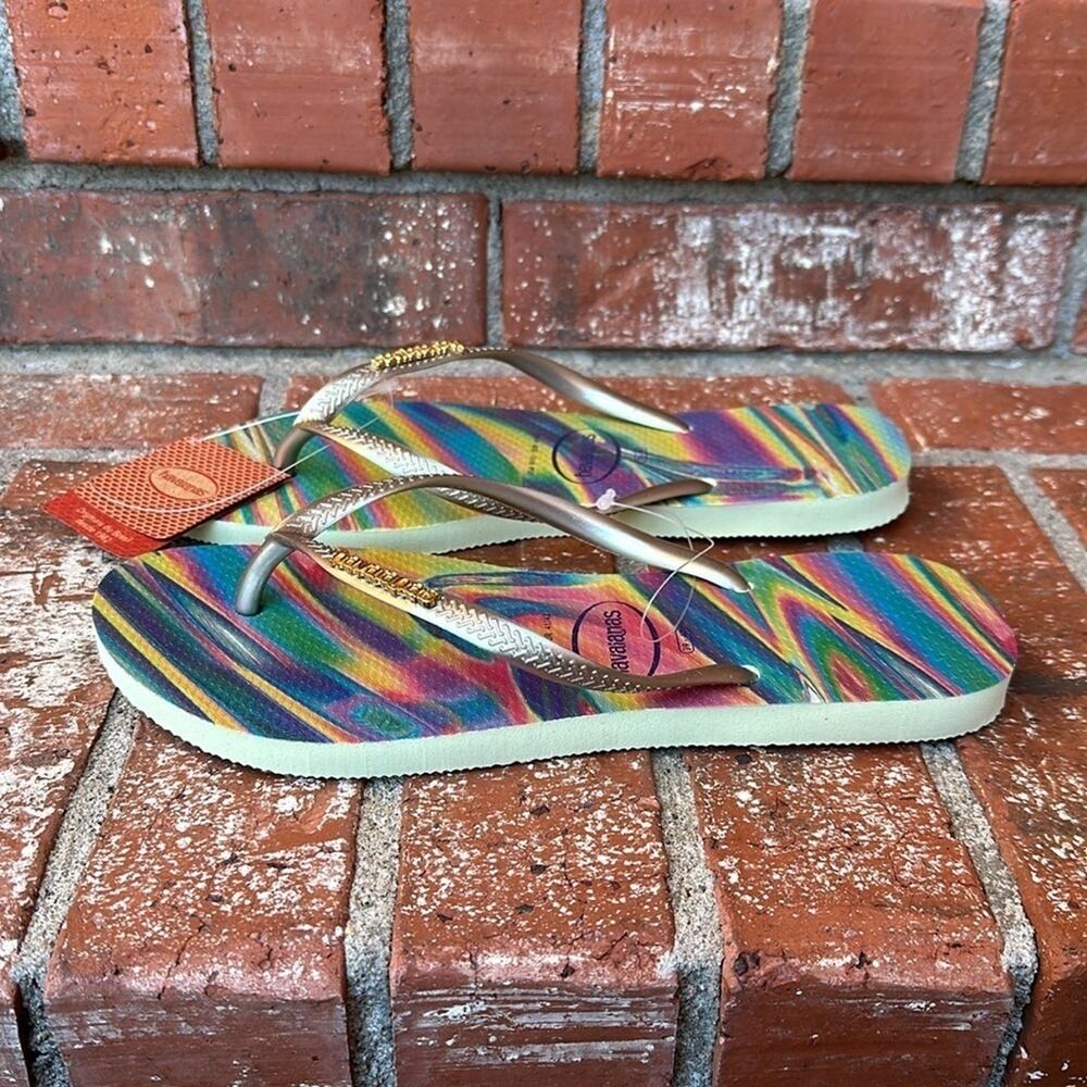NWT Havaianas Slim Iridescent Flip Flop Sandals Lime Green Women’s Size 9/10 New - Picture 3 of 7